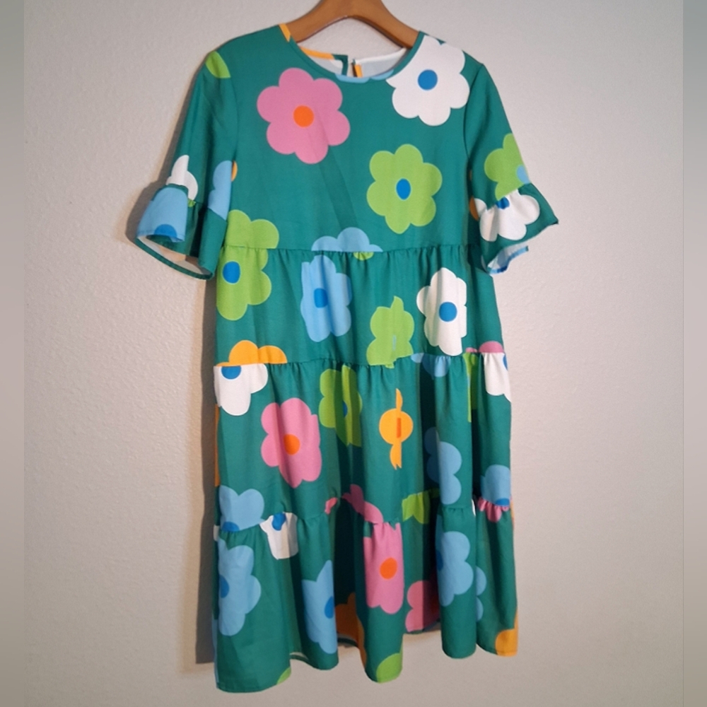 SHEIN Teal Floral Tiered Midi Dress with Multicolor Blooms